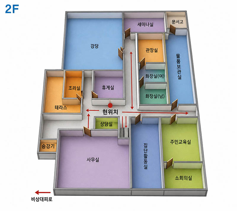 본관 2층 평면도/시설 : 강당, 세미나실, 문서고, 관장실, 조리실, 휴게실, 화장실(여,남), 물품보관실, 상담실, 사무실, 진단활동실, 주민교육실, 소회의실